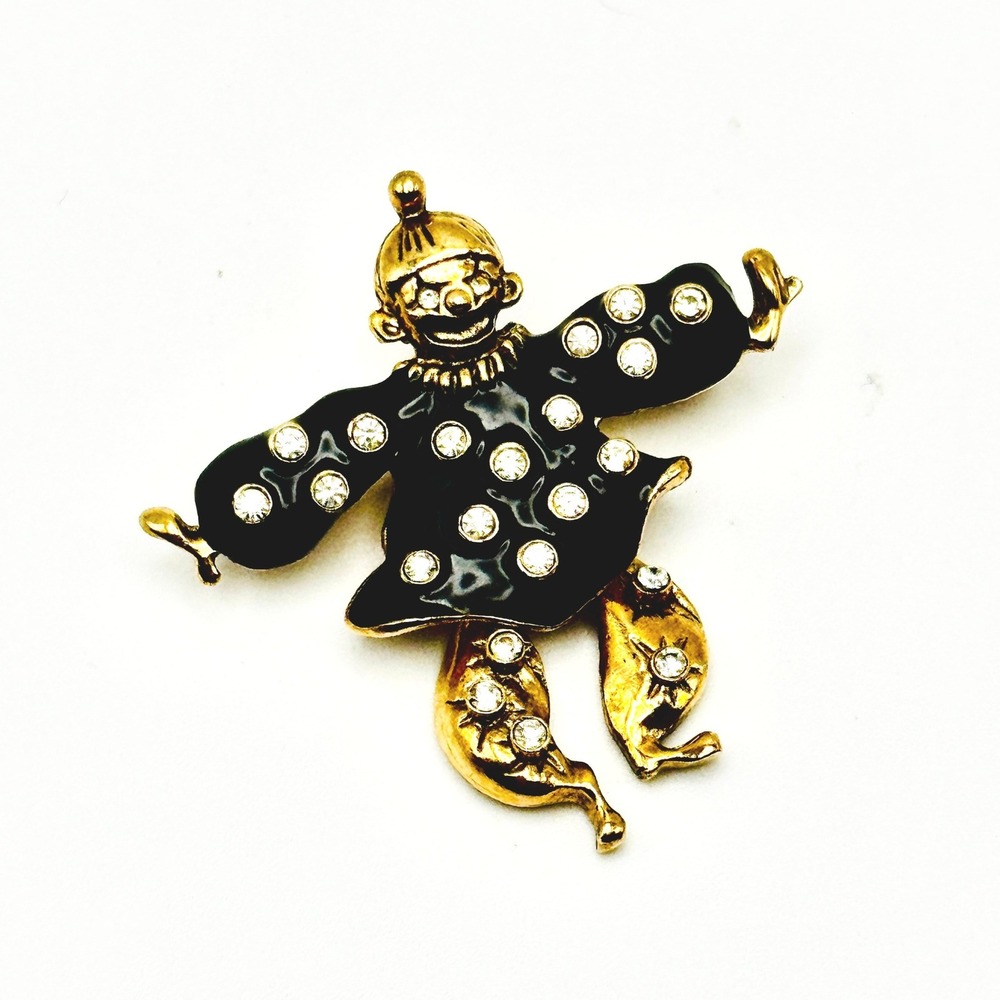 Vintage Black Enamel Articulated Rhinestone Dancing Clown Brooch Pin Whimsical